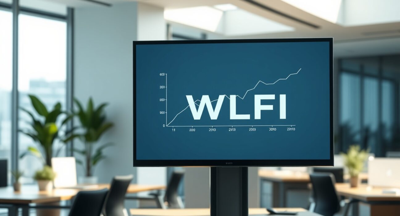 Modern fintech office with digital screen displaying WLFI financial data