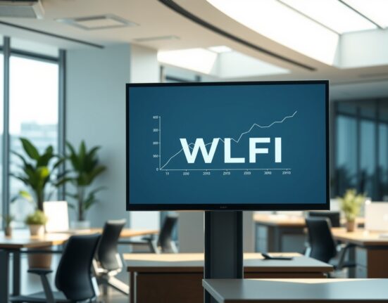 Modern fintech office with digital screen displaying WLFI financial data