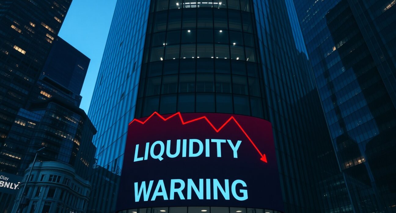 Modern office building with a digital display showing a downward financial chart and liquidity warning