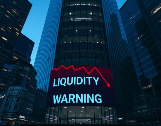 Modern office building with a digital display showing a downward financial chart and liquidity warning