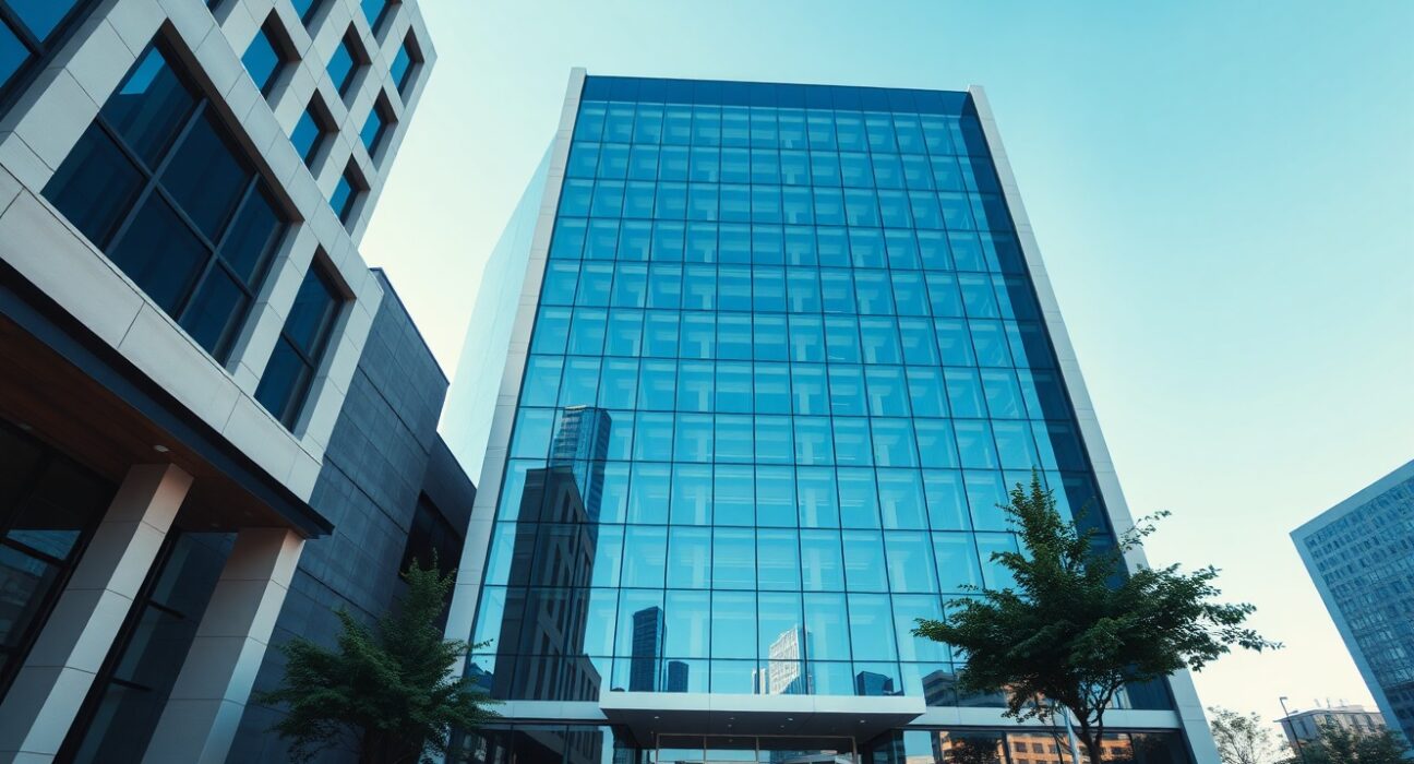 Exterior of a modern fintech company building with glass facade under a clear sky.