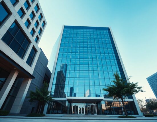 Exterior of a modern fintech company building with glass facade under a clear sky.