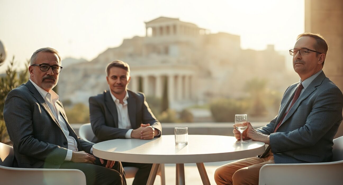 Three venture capitalists in conversation at an outdoor event in Athens