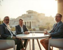 Three venture capitalists in conversation at an outdoor event in Athens