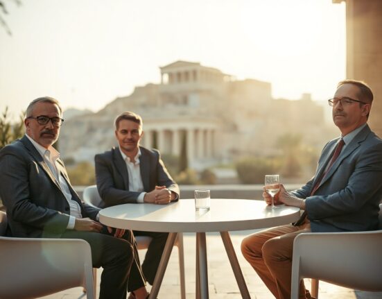 Three venture capitalists in conversation at an outdoor event in Athens
