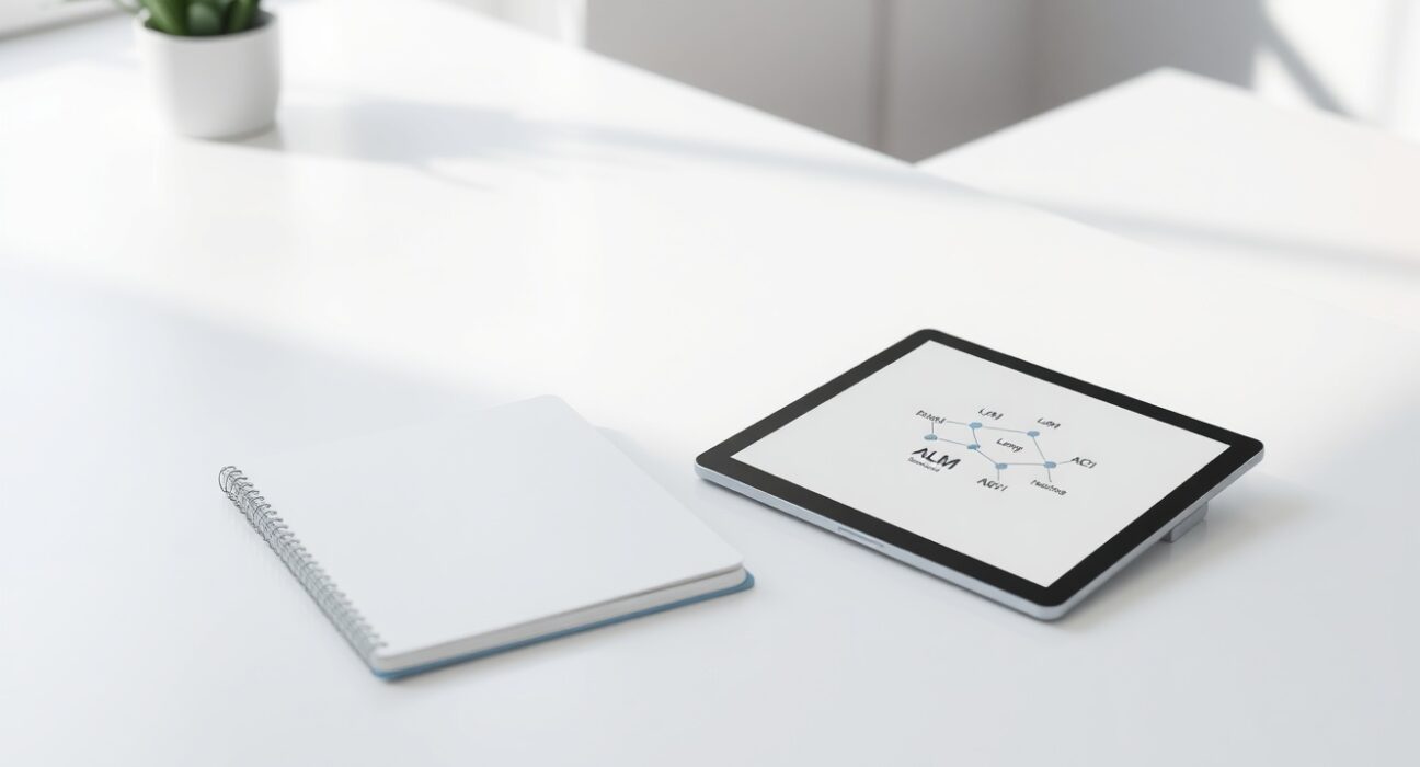 Open notebook and tablet displaying AI terminology diagram on a clean desk