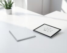 Open notebook and tablet displaying AI terminology diagram on a clean desk