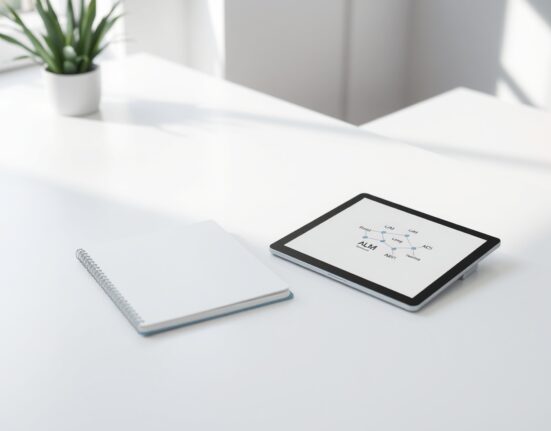 Open notebook and tablet displaying AI terminology diagram on a clean desk