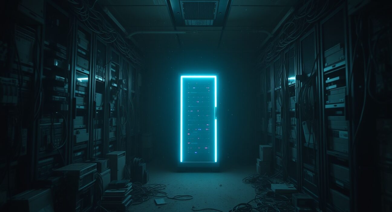 A dimly lit server room with old hardware and a glowing modern server rack, symbolizing the clash of digital memory and AI.