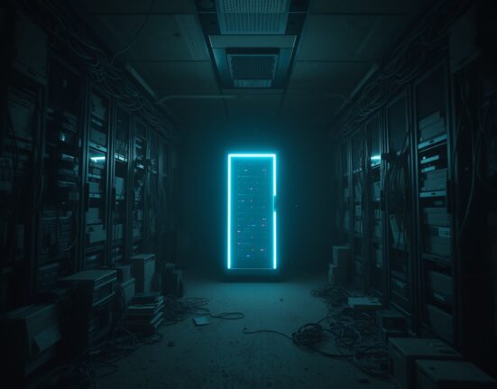 A dimly lit server room with old hardware and a glowing modern server rack, symbolizing the clash of digital memory and AI.