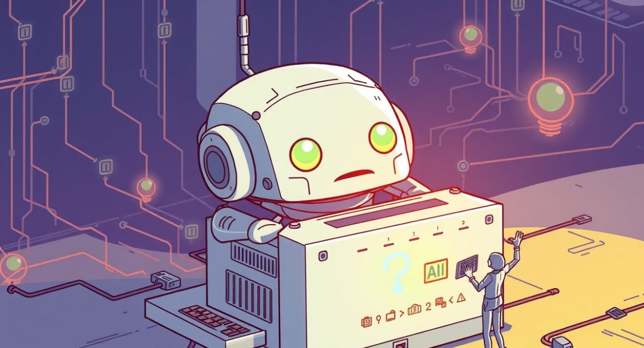 A cartoon illustrating the complex and vulnerable nature of AI governance, highlighting the need for robust security measures and human oversight.