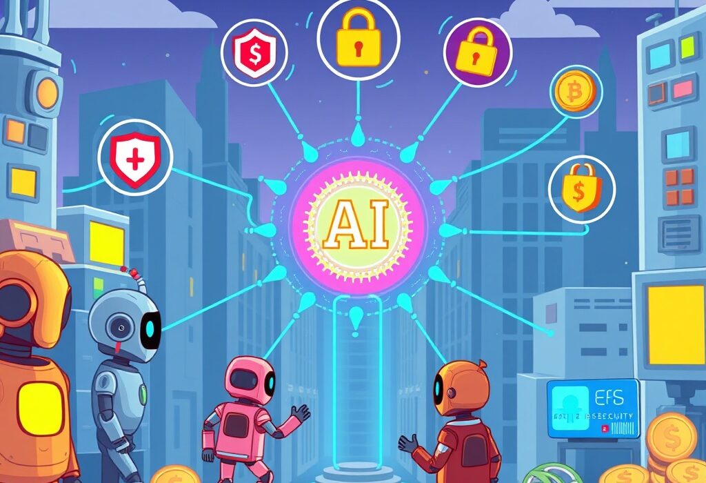 Cartoon illustration showing AI identity infrastructure securely connecting digital assets and AI agents for future financial services.