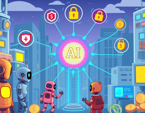 Cartoon illustration showing AI identity infrastructure securely connecting digital assets and AI agents for future financial services.