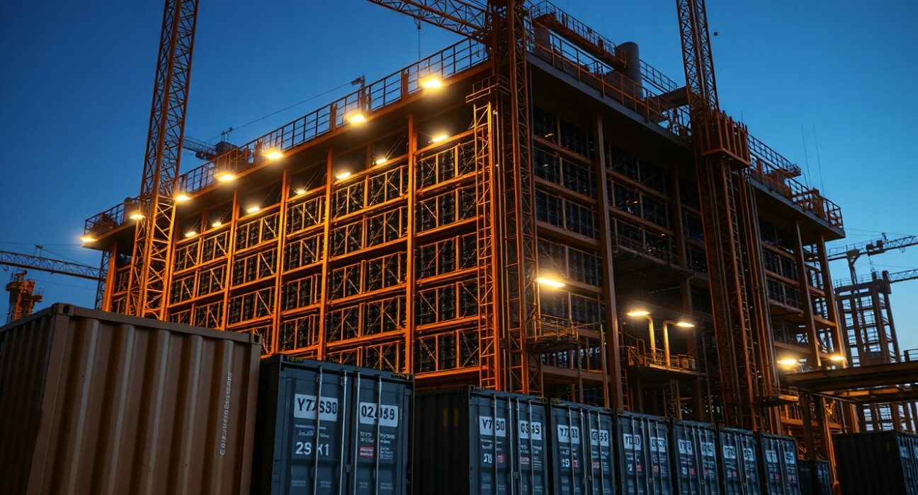 Construction site of a large data center with shipping containers and cranes at dusk.