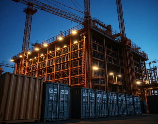 Construction site of a large data center with shipping containers and cranes at dusk.