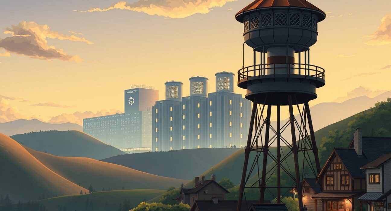 Illustration of community backlash against AI data center construction and infrastructure expansion.