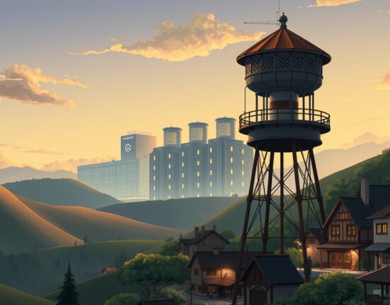 Illustration of community backlash against AI data center construction and infrastructure expansion.