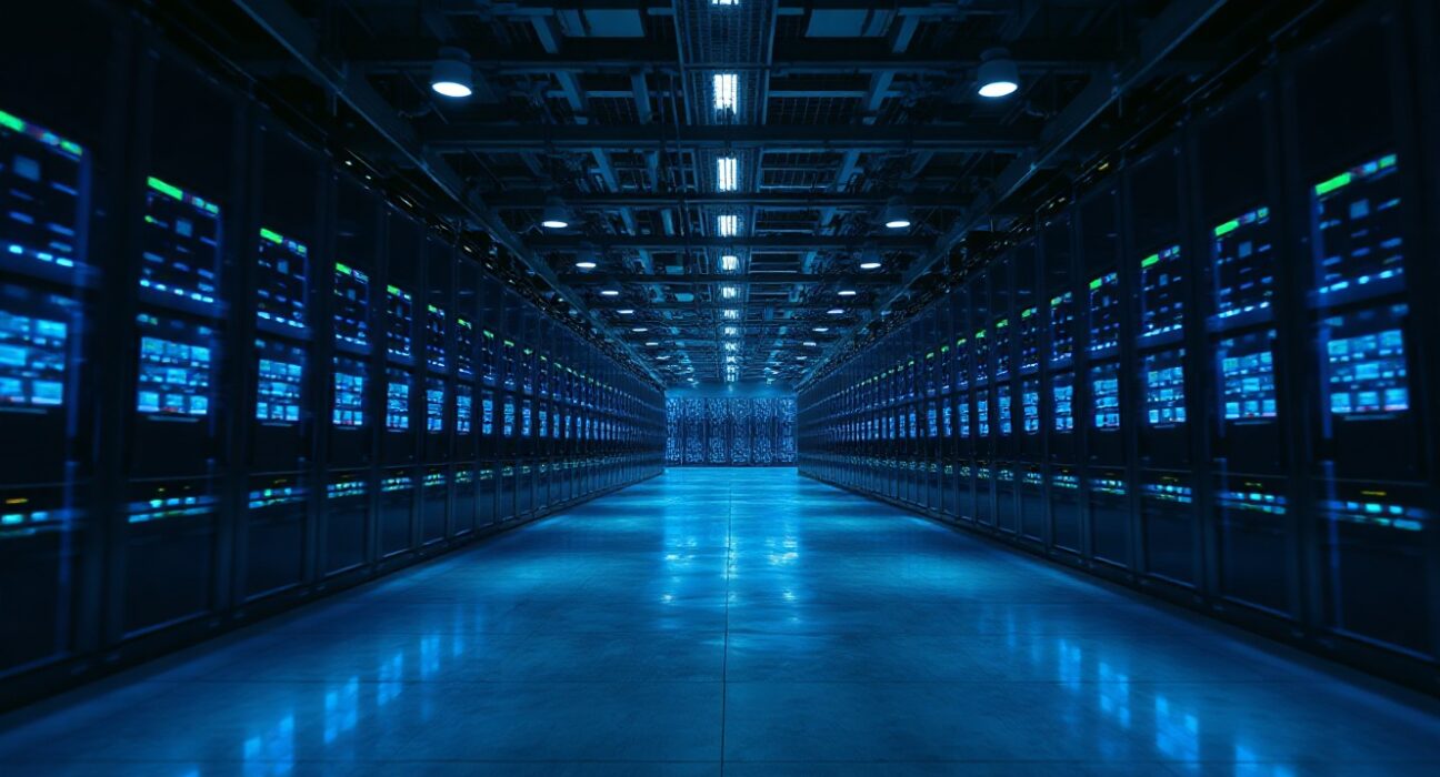 Interior of a large modern data center with rows of glowing server racks