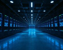 Interior of a large modern data center with rows of glowing server racks