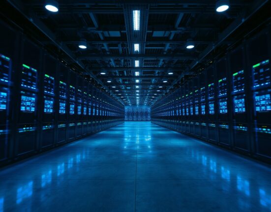 Interior of a large modern data center with rows of glowing server racks
