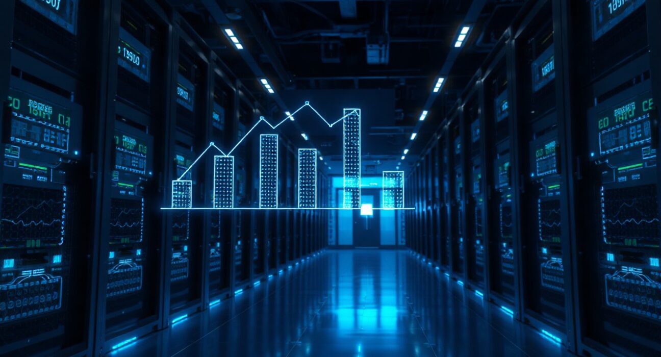 Data center corridor with AI analytics hologram representing next-phase AI investment opportunities