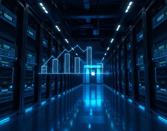 Data center corridor with AI analytics hologram representing next-phase AI investment opportunities