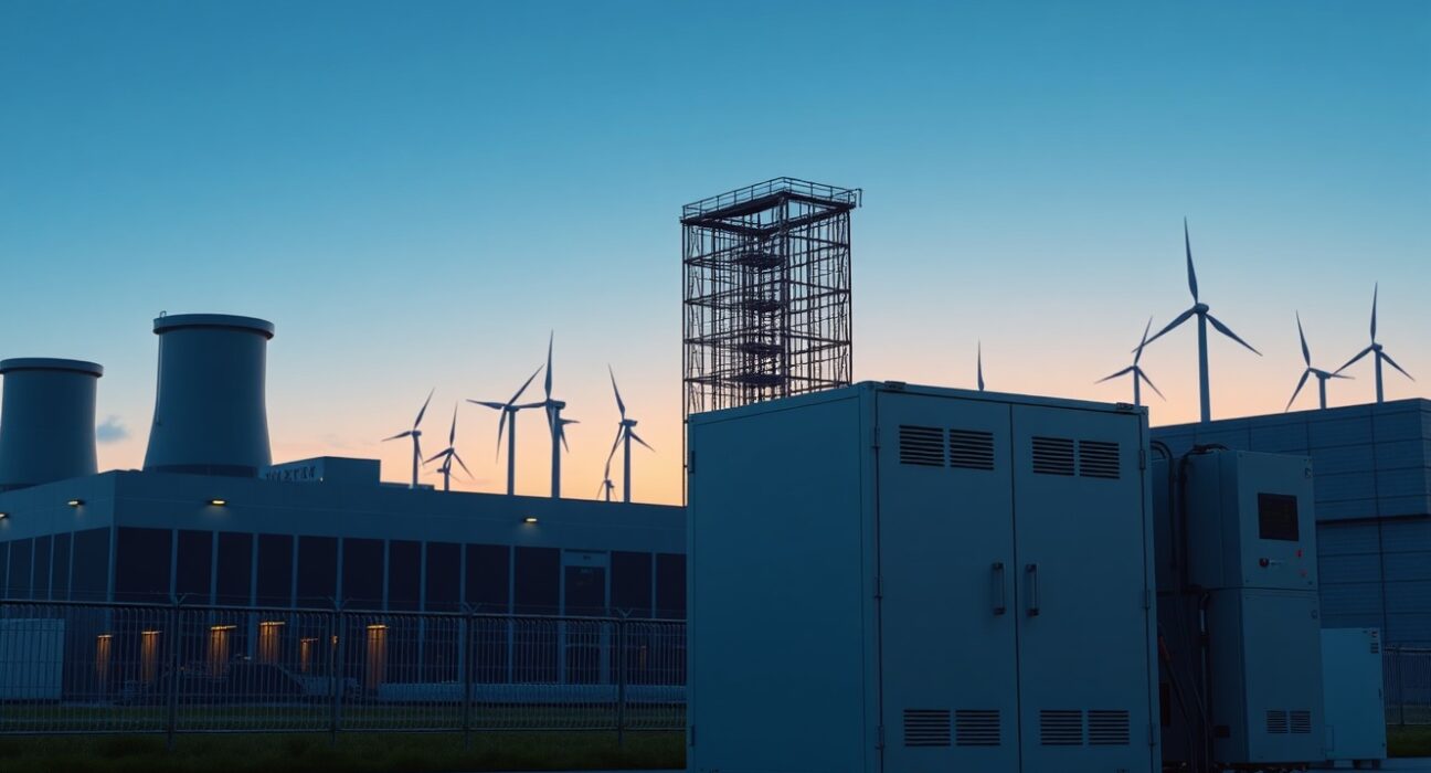 Modern data center with battery storage and renewable energy sources powering AI infrastructure.