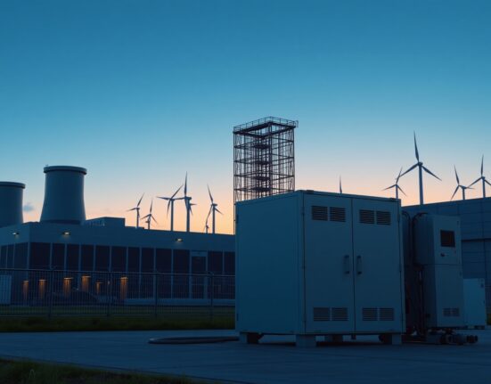 Modern data center with battery storage and renewable energy sources powering AI infrastructure.