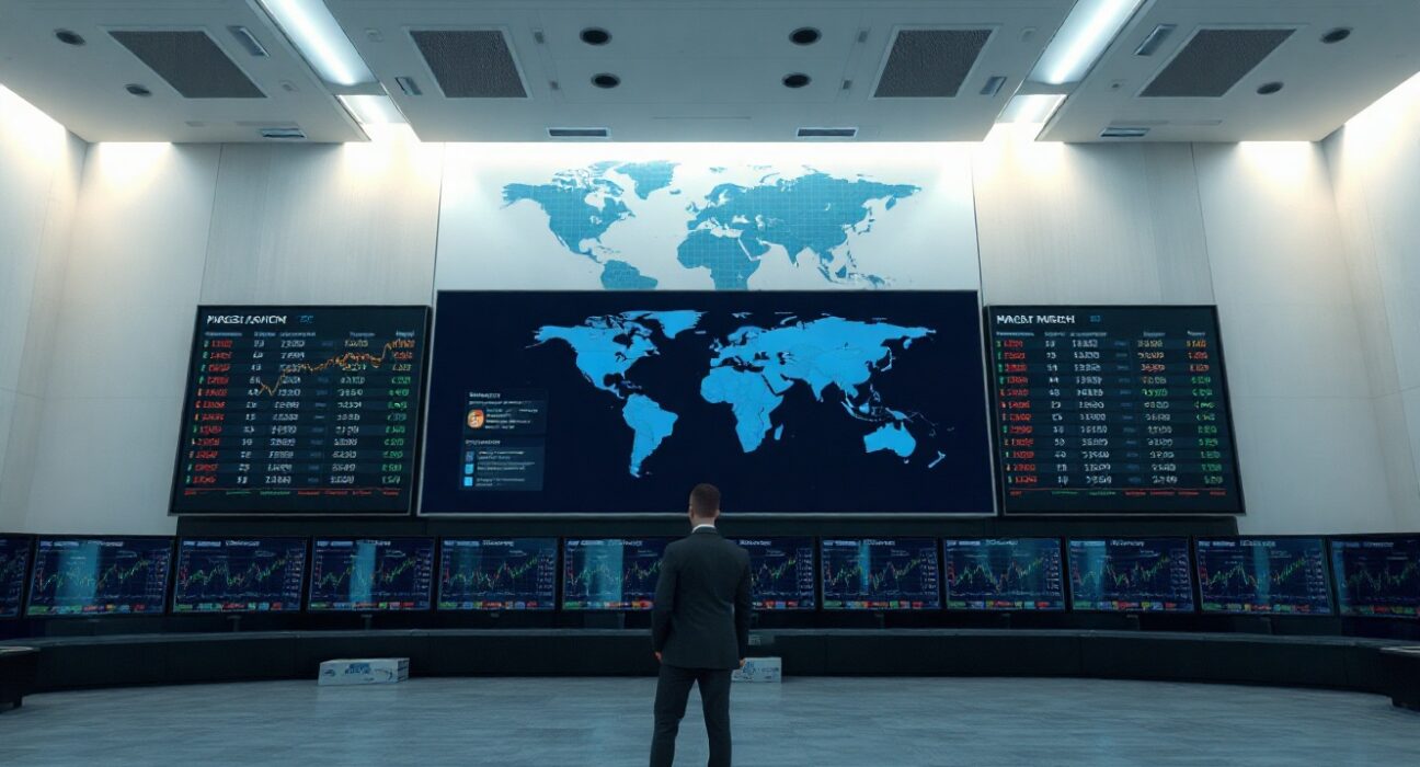Trading screens showing market indices amid geopolitical tensions