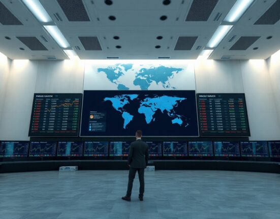 Trading screens showing market indices amid geopolitical tensions