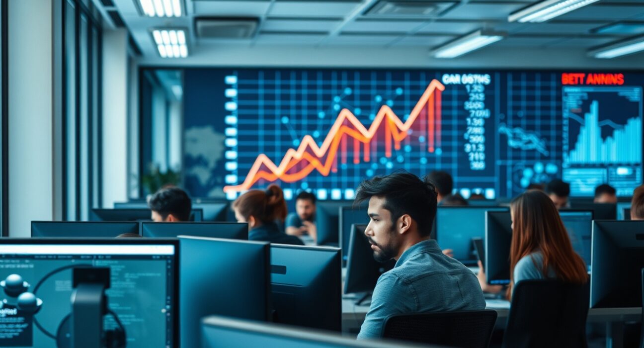 Young professionals working in a modern office with a data screen showing growth charts, representing AI-driven hiring trends.