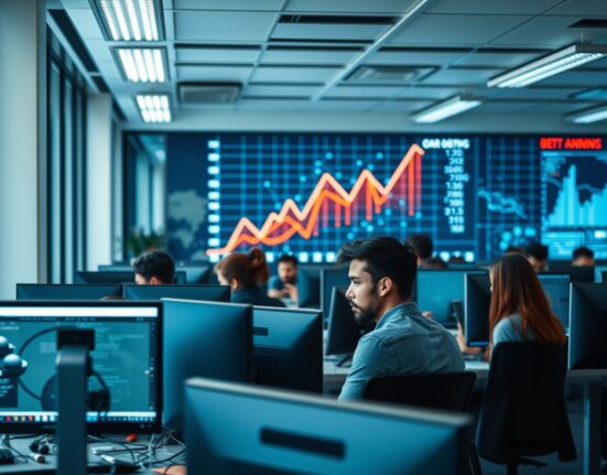 Young professionals working in a modern office with a data screen showing growth charts, representing AI-driven hiring trends.