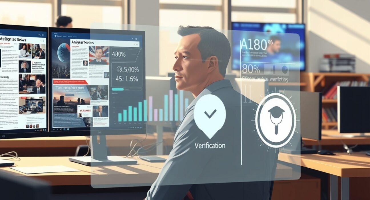 AI journalism verification system analyzing news articles in modern newsroom setting with algorithmic interface overlay