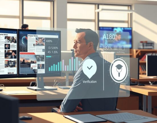 AI journalism verification system analyzing news articles in modern newsroom setting with algorithmic interface overlay
