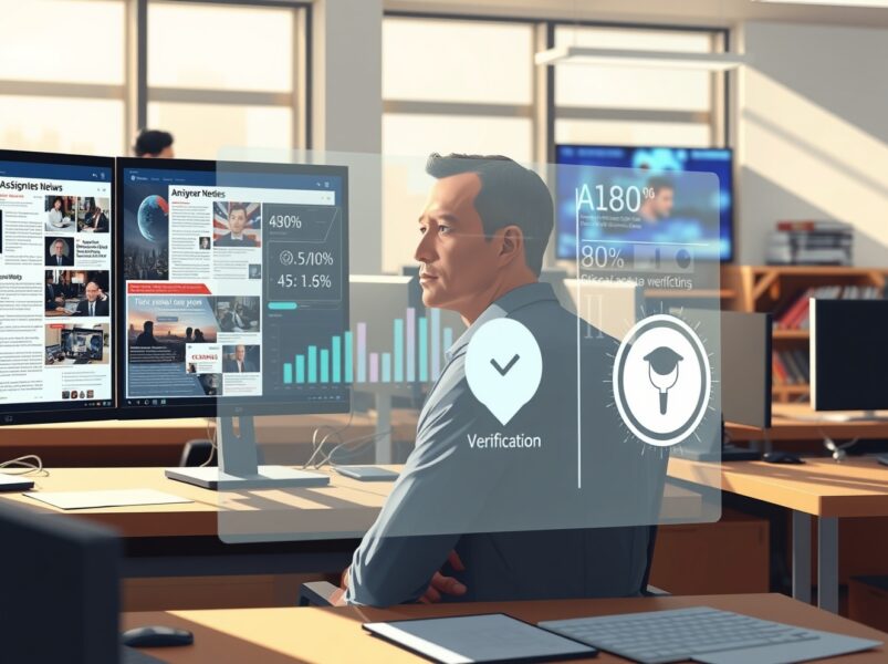 AI journalism verification system analyzing news articles in modern newsroom setting with algorithmic interface overlay