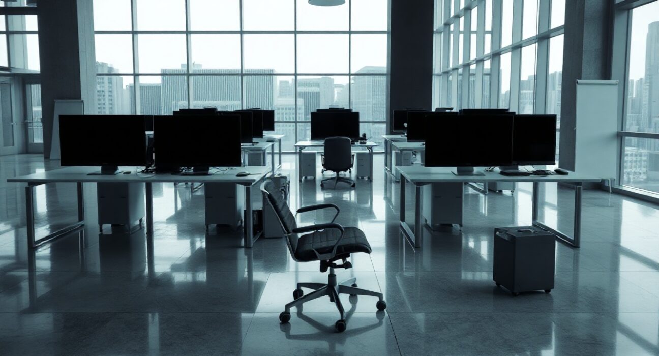 Empty tech office lobby with abandoned desks after mass layoffs