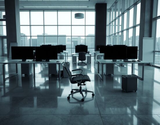 Empty tech office lobby with abandoned desks after mass layoffs