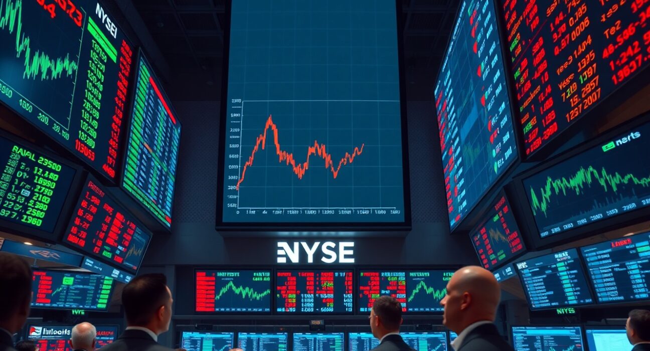 Stock exchange floor with digital screens showing narrowing financial chart, representing AI-led earnings concentration in equity markets.