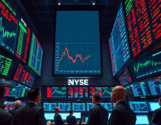 Stock exchange floor with digital screens showing narrowing financial chart, representing AI-led earnings concentration in equity markets.