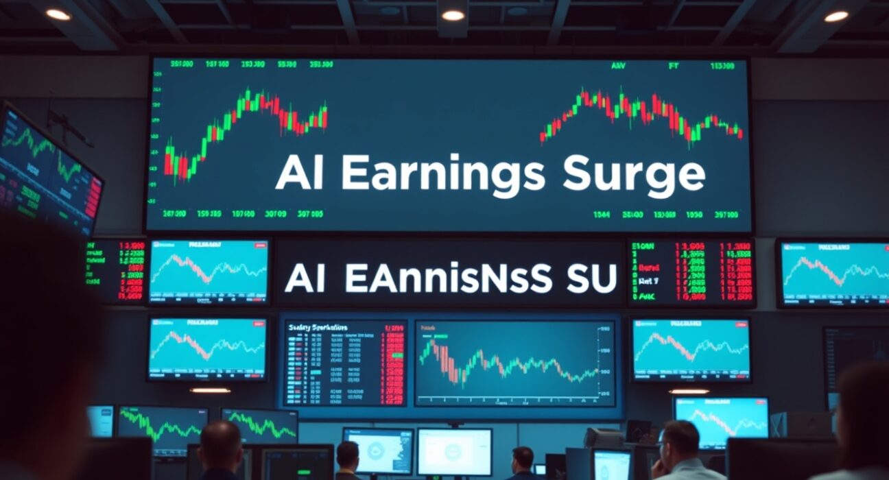 Stock traders on a floor with screens showing AI earnings data and sector rotation charts