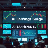 Stock traders on a floor with screens showing AI earnings data and sector rotation charts