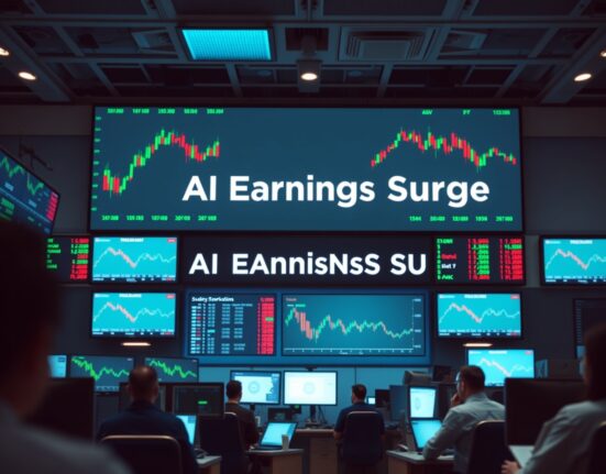 Stock traders on a floor with screens showing AI earnings data and sector rotation charts