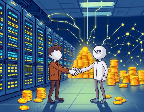 Cartoon illustration showing YZi Labs investing in an AI lending protocol, symbolizing innovation in crypto finance.