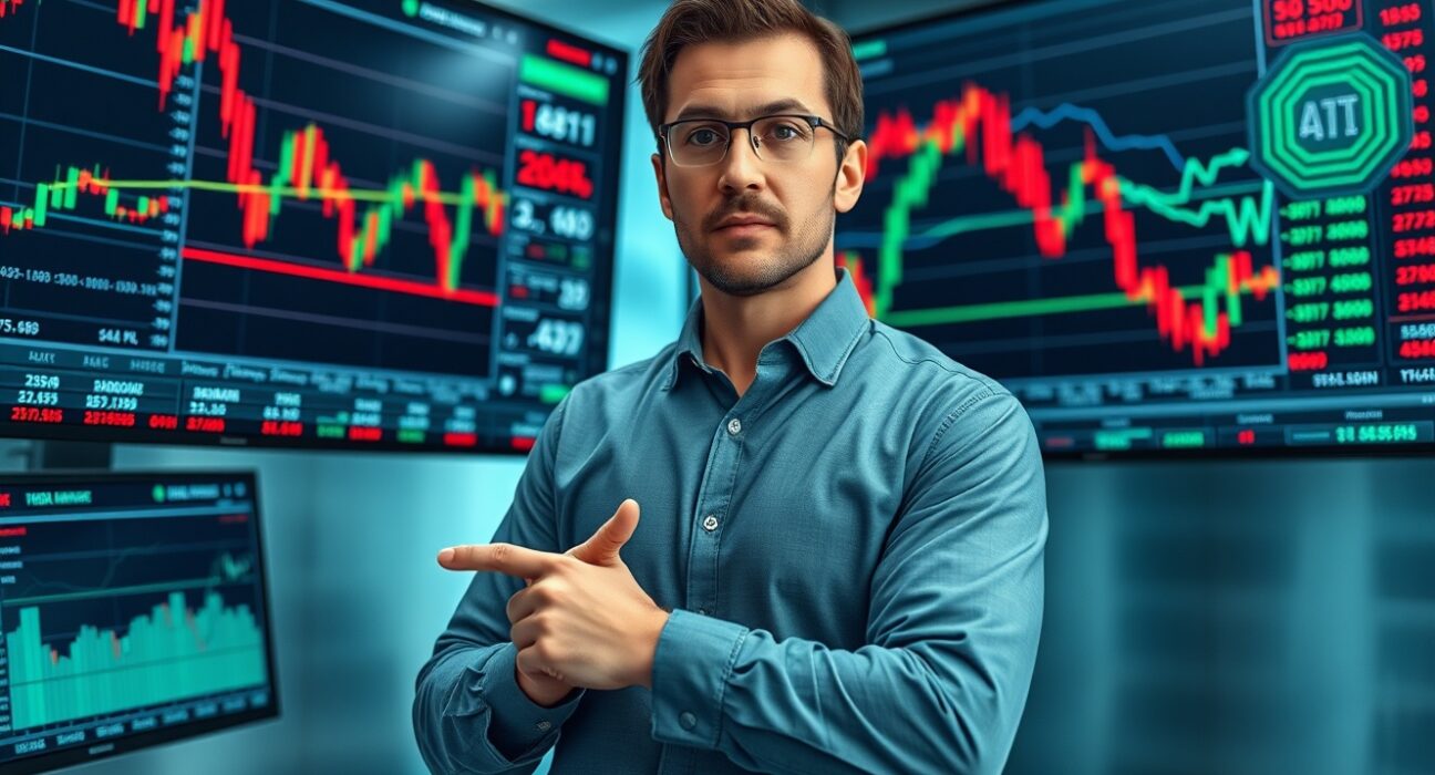 Crypto analyst pointing at financial charts on monitors in a newsroom, representing market risk analysis.