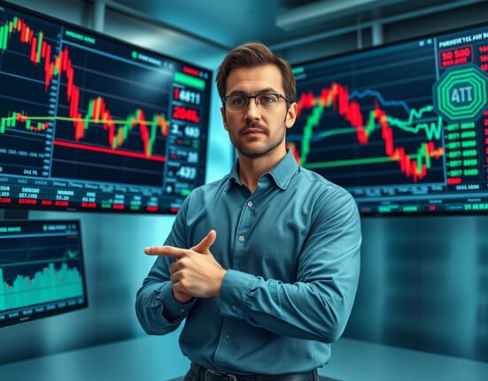 Crypto analyst pointing at financial charts on monitors in a newsroom, representing market risk analysis.