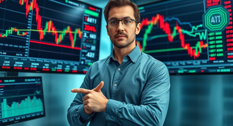 Crypto analyst pointing at financial charts on monitors in a newsroom, representing market risk analysis.