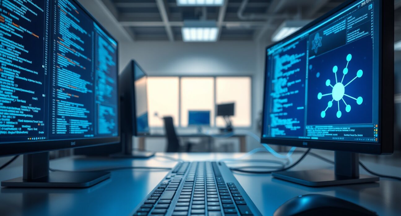 Software developer workspace with monitors showing code and AI agent network diagrams.