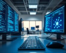 Software developer workspace with monitors showing code and AI agent network diagrams.