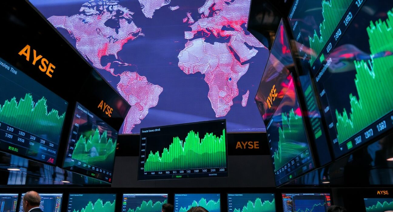Stock market screens showing AI stocks trending upward with geopolitical map in background