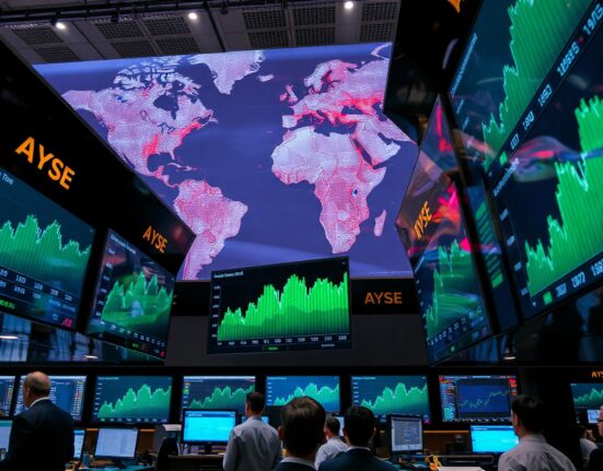 Stock market screens showing AI stocks trending upward with geopolitical map in background